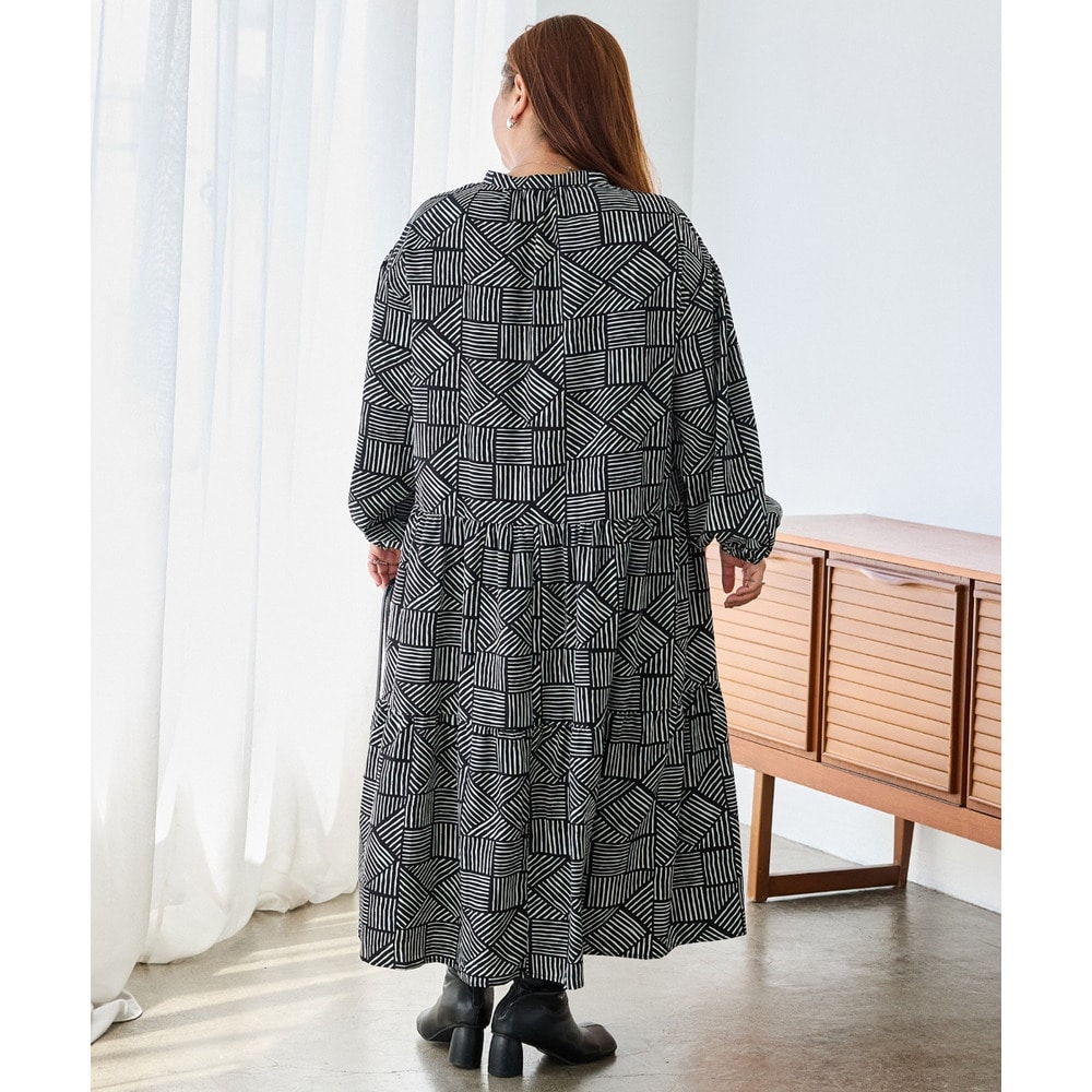 幾何柄ギャザーワンピース|ロングワンピース/バンドカラー/体型カバー/大きいサイズ/洗える LL/3L/4L/5L ラビアンジェ28