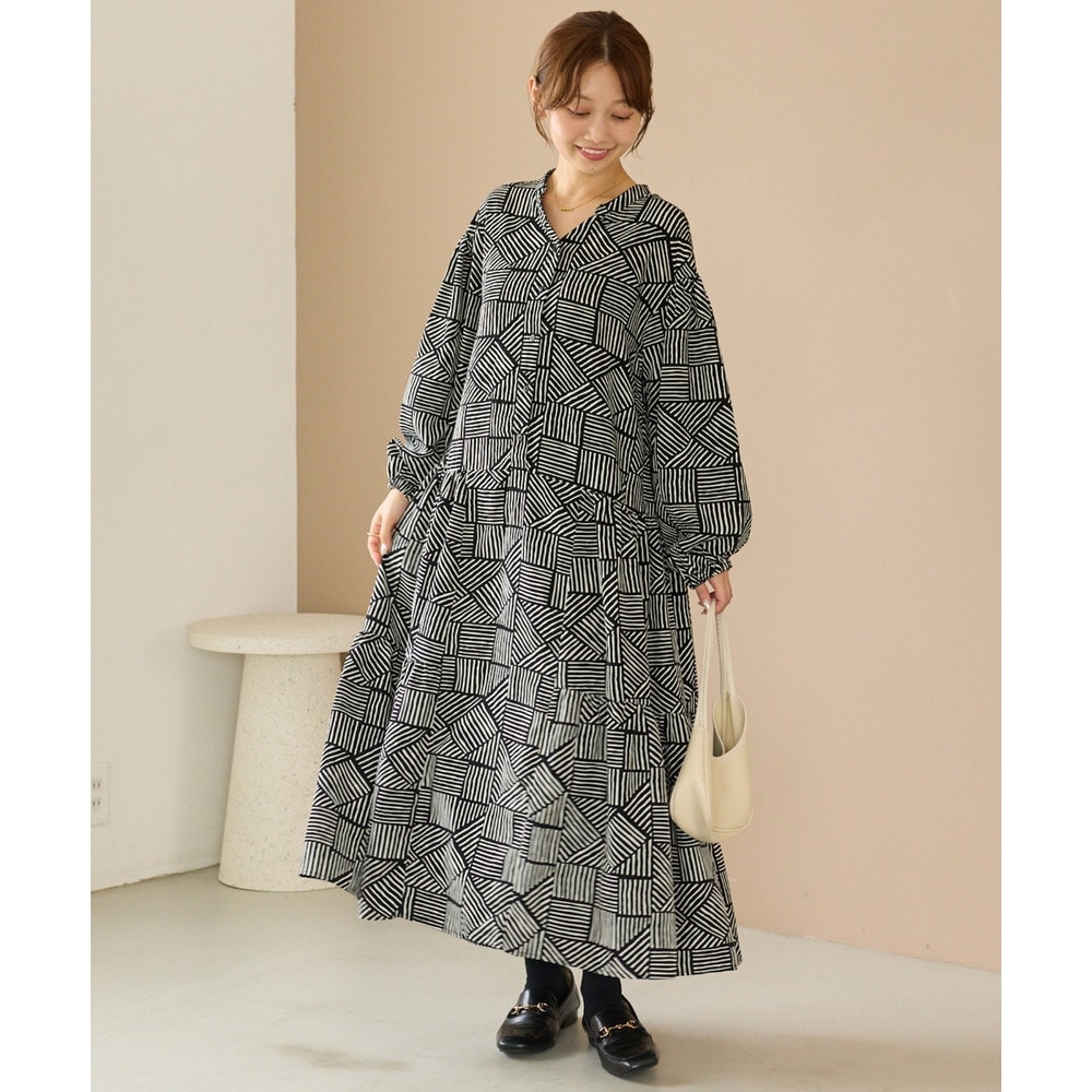 幾何柄ギャザーワンピース|ロングワンピース/バンドカラー/体型カバー/大きいサイズ/洗える LL/3L/4L/5L ラビアンジェ4