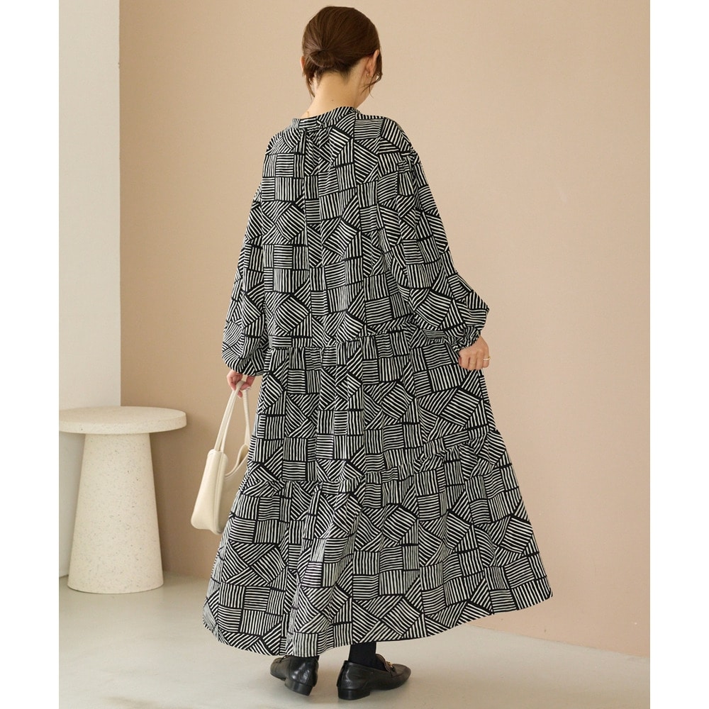 幾何柄ギャザーワンピース|ロングワンピース/バンドカラー/体型カバー/大きいサイズ/洗える LL/3L/4L/5L ラビアンジェ8