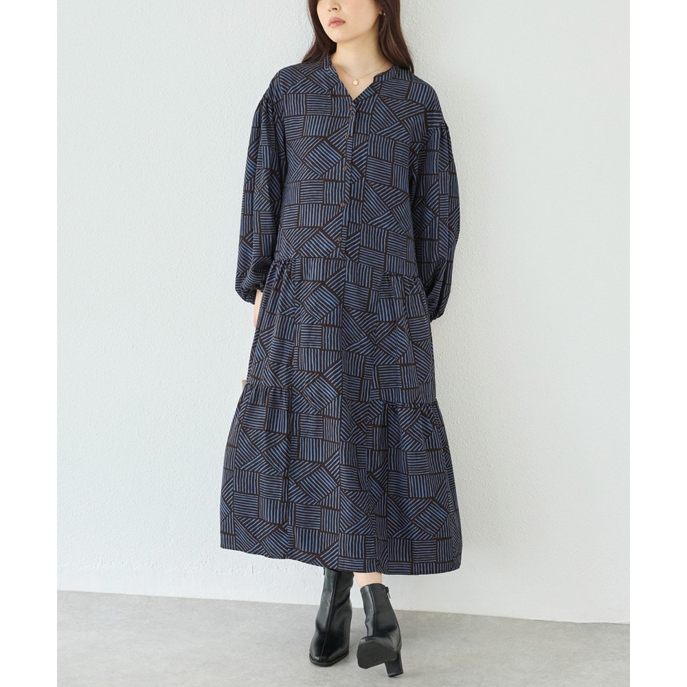 幾何柄ギャザーワンピース|ロングワンピース/バンドカラー/体型カバー/大きいサイズ/洗える LL/3L/4L/5L ラビアンジェ9