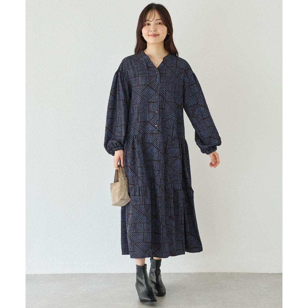 幾何柄ギャザーワンピース|ロングワンピース/バンドカラー/体型カバー/大きいサイズ/洗える LL/3L/4L/5L ラビアンジェ1