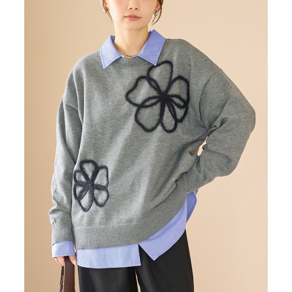 フェザーコード刺繍フラワーニットプルオーバー｜洗える/花柄/ゆったり/大きいサイズ　3L/4L　ラビアンジェ