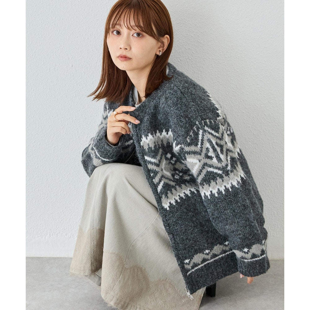 ノルディック柄ダブルジップニットカーディガン｜アルパカ混/フェザー/ゆったり/大きいサイズ　3L/4L　ラビアンジェ