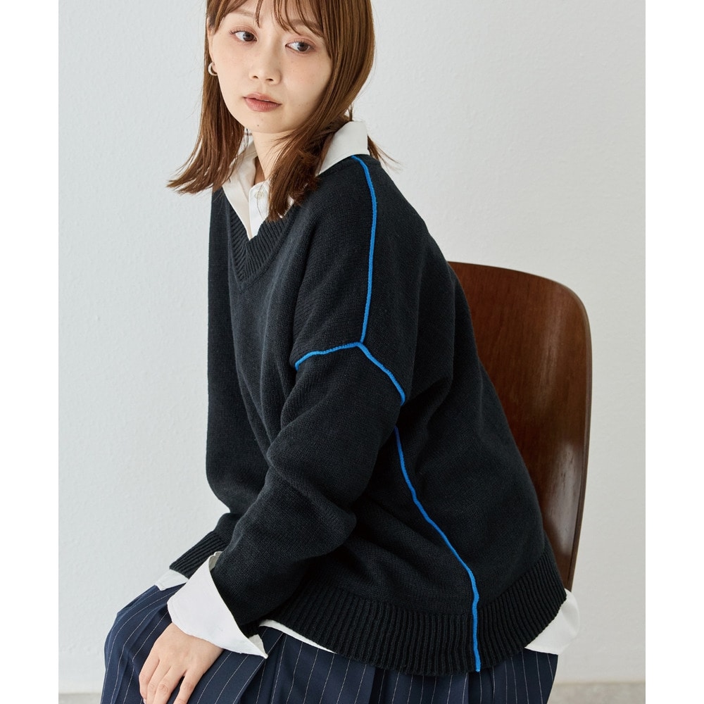 【洗える】配色トリミングVネックルーズニット｜ゆったり/体型カバー/大きいサイズ　3L/4L　ラビアンジェ