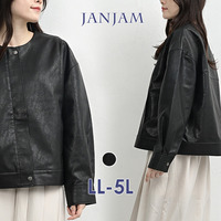 ノーカラーデザインのフェイクレザージャケット