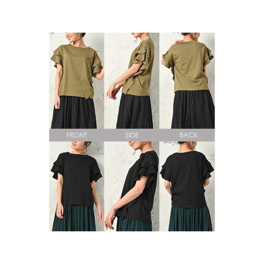 ガーリーなフリルが綺麗に二の腕をカバーする半袖無地Tシャツ 大きいサイズ レディース17