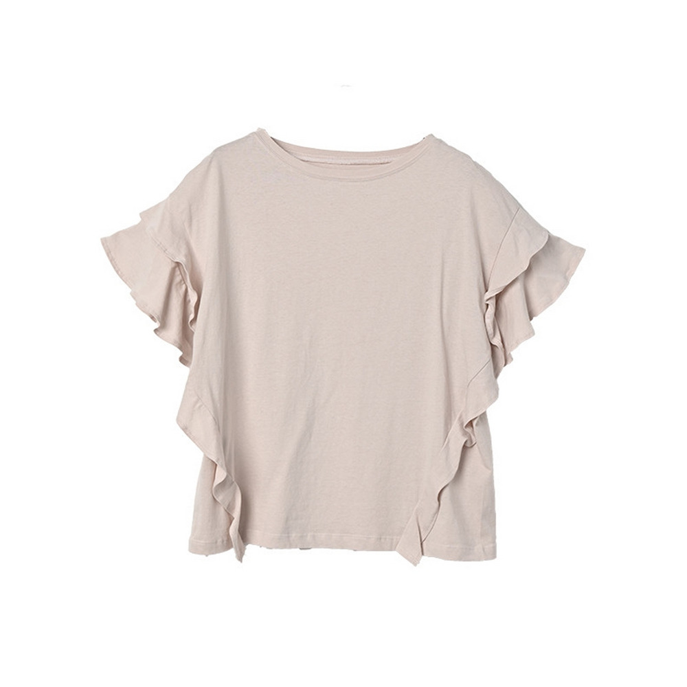 ガーリーなフリルが綺麗に二の腕をカバーする半袖無地Tシャツ 大きいサイズ レディース23