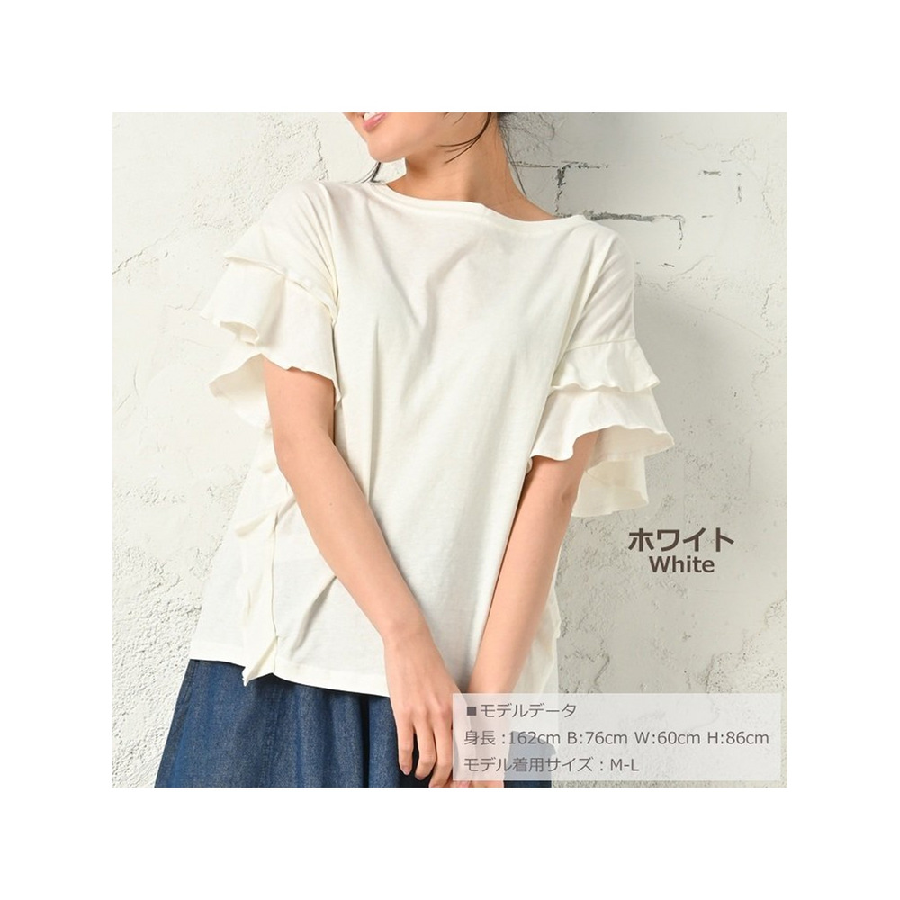 ガーリーなフリルが綺麗に二の腕をカバーする半袖無地Tシャツ 大きいサイズ レディース1