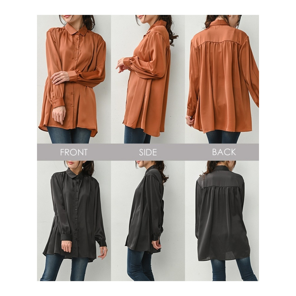 沢感のある生地が華やかさをプラス。たっぷりドレープフレアのシャツチュニック 大きいサイズ レディース17