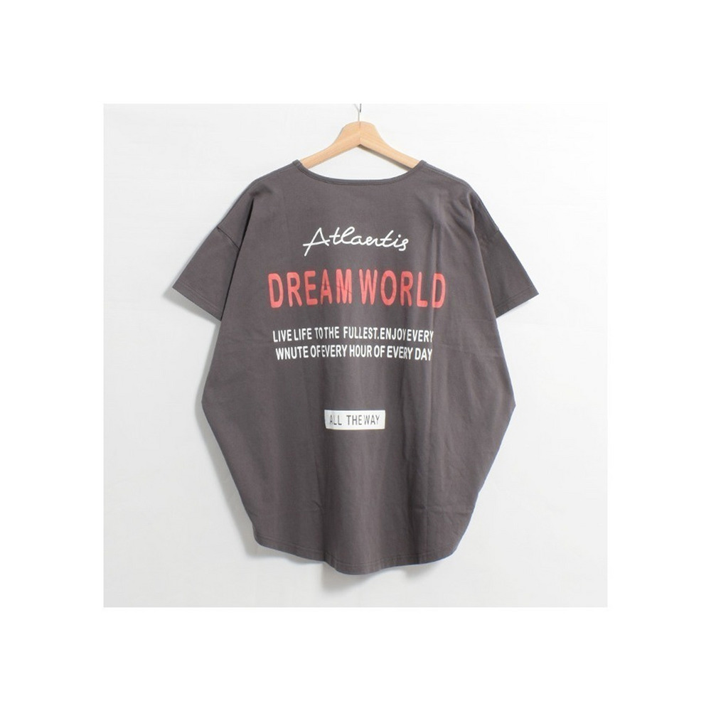 トレンドオーバーサイズが可愛いバックプリントロゴロング丈Tシャツ　大きいサイズ レディース チャコール(DREAM WORLD) 1