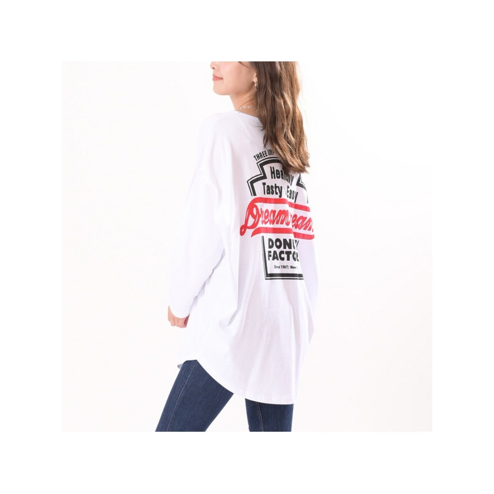 シルエットも大好評!!ゆったりオーバーサイズがおしゃれ可愛いバックプリントロゴロング丈Tシャツ　大きいサイズ レディース3