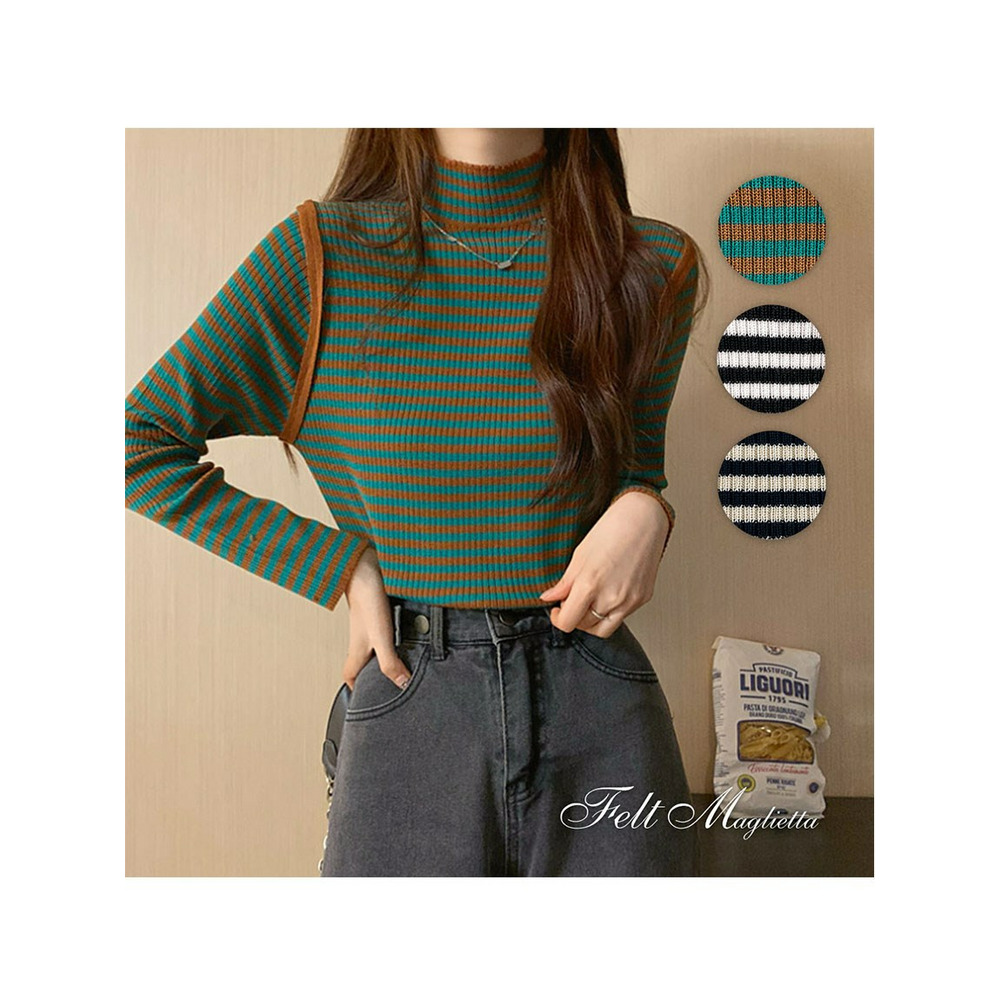 配色パイピングボーダーリブニット 大きいサイズ レディース1