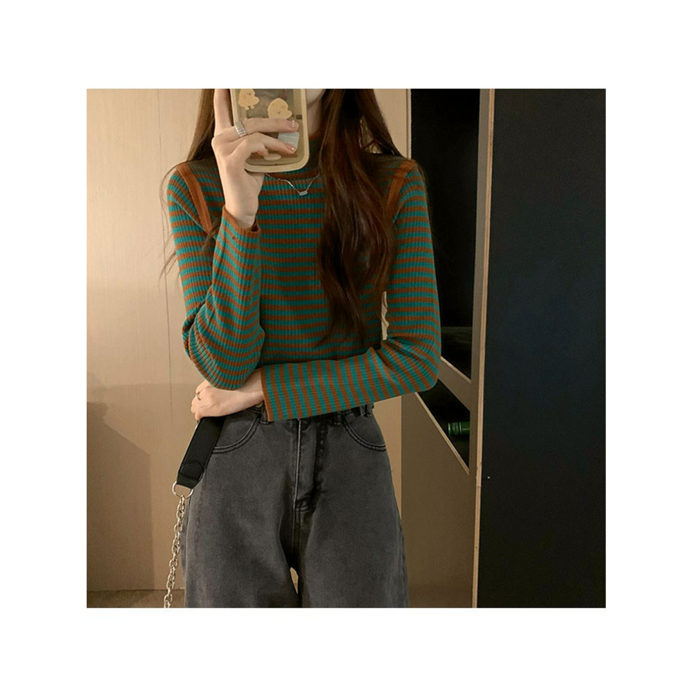 配色パイピングボーダーリブニット 大きいサイズ レディース12