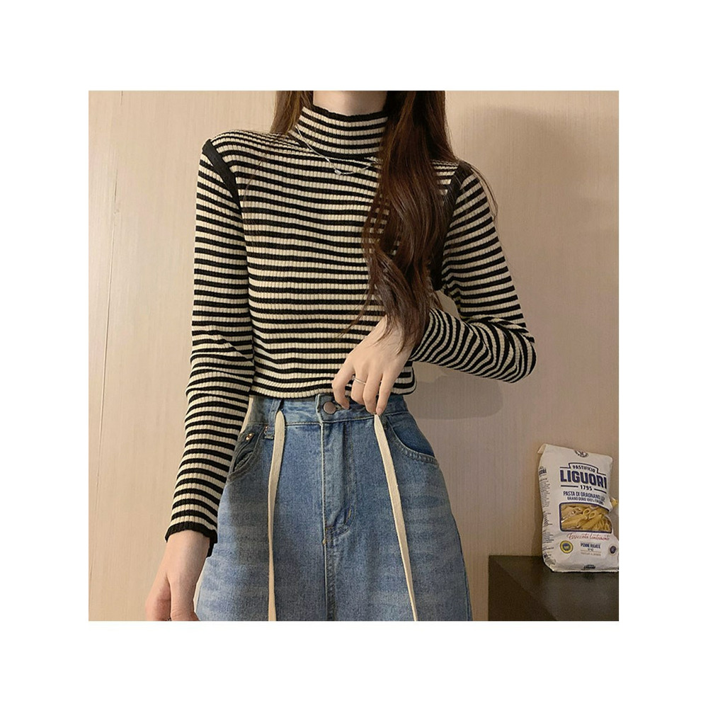 配色パイピングボーダーリブニット 大きいサイズ レディース18