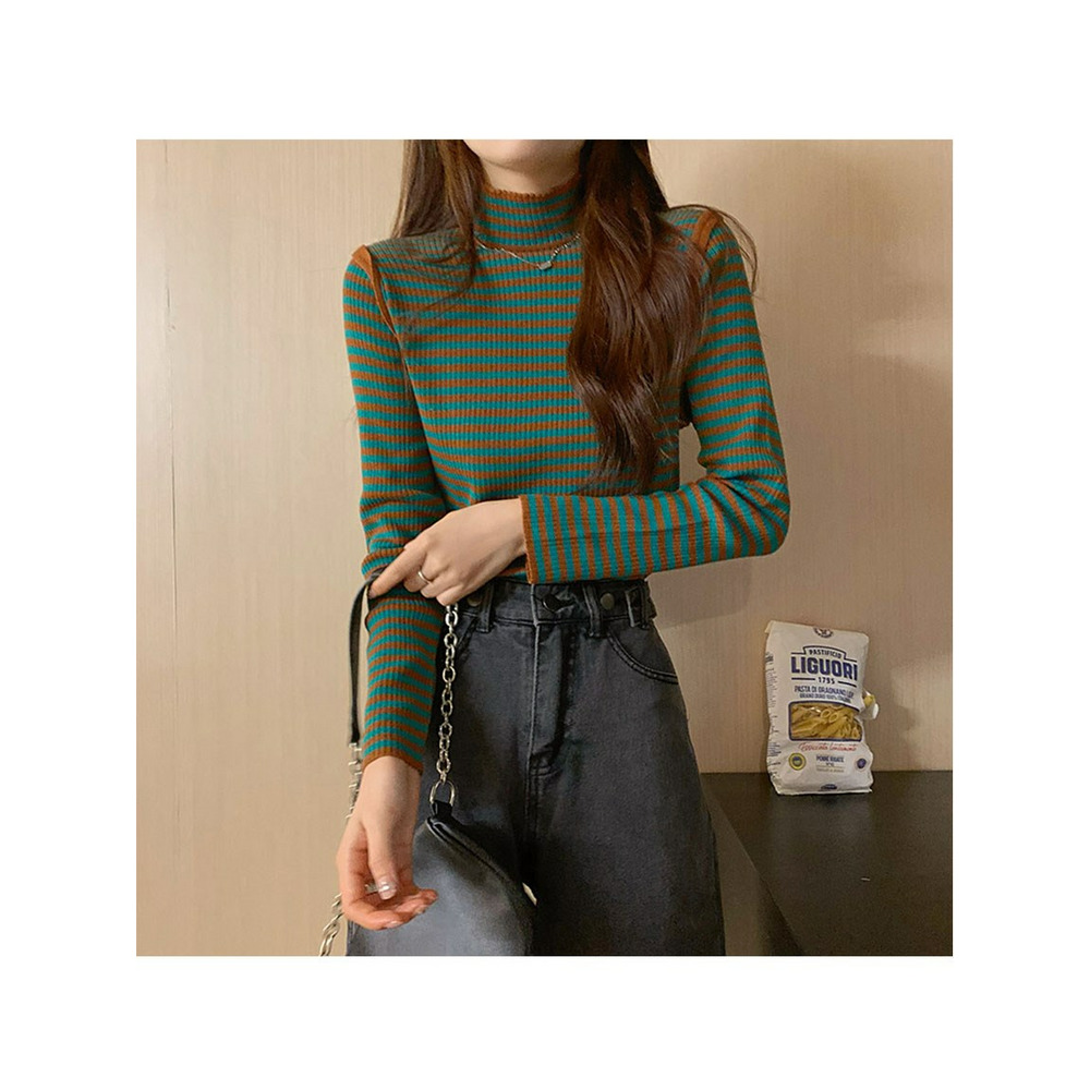 配色パイピングボーダーリブニット 大きいサイズ レディース1