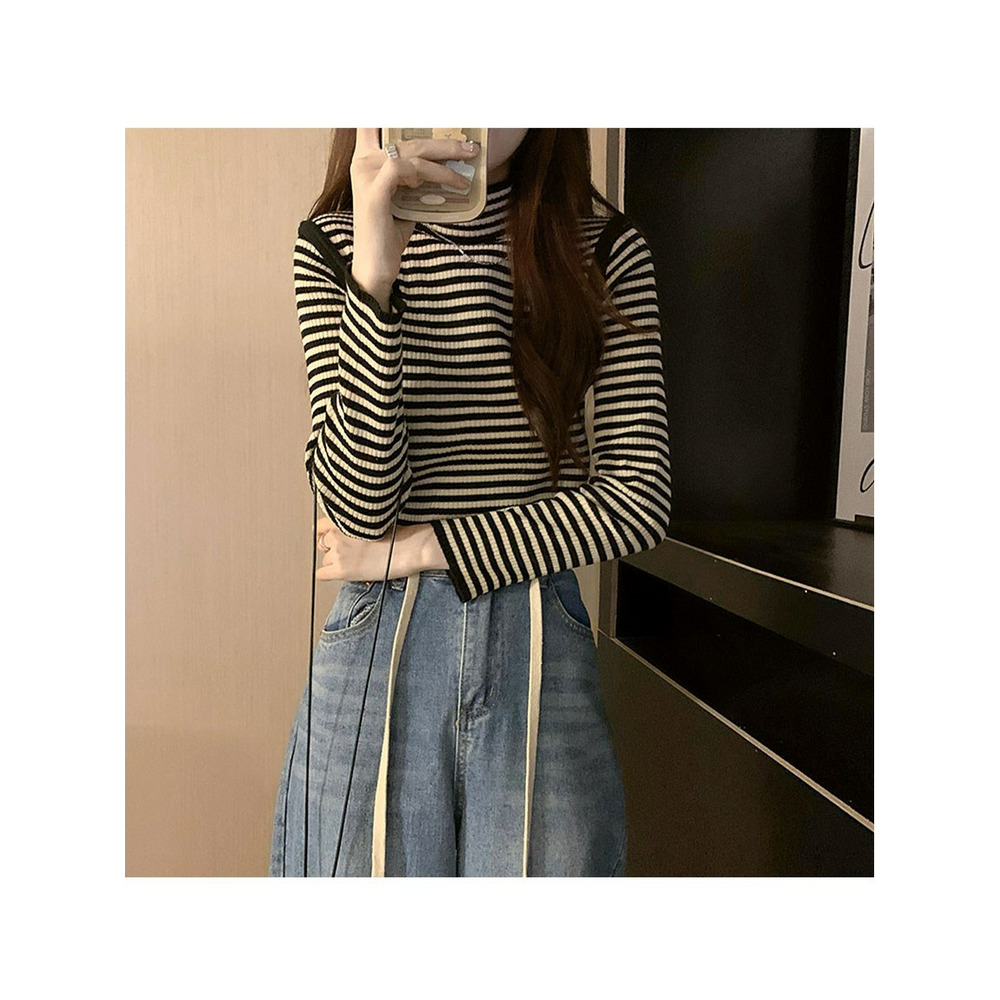 配色パイピングボーダーリブニット 大きいサイズ レディース1