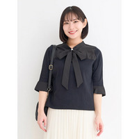 【WEB限定】5分袖布帛切り替えボウタイブラウス