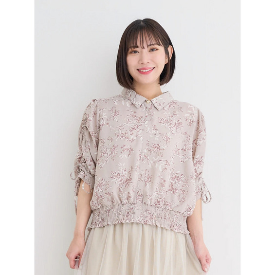 花柄袖ドロストリボンブラウス【アリノマ/Alinoma】 花柄袖ドロストリボンブラウス【アリノマ/Alinoma】