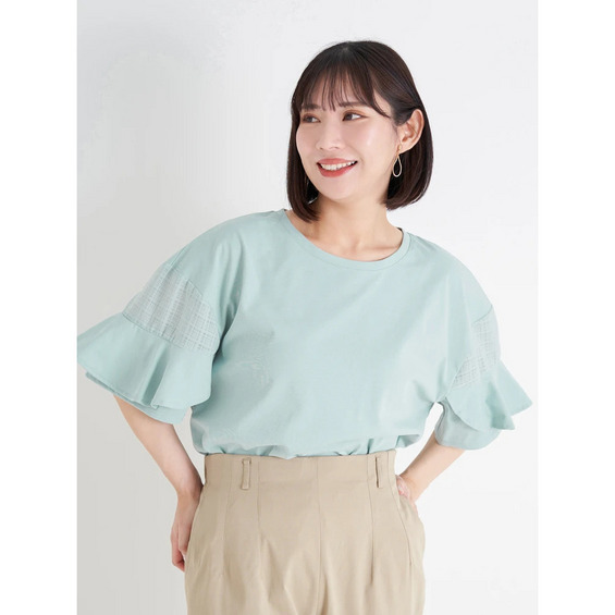シアーチェック切り替えフリル袖トップス【アリノマ/Alinoma】 シアーチェック切り替えフリル袖トップス【アリノマ/Alinoma】