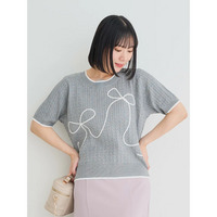 5分袖ダブルリボン刺繍トップス