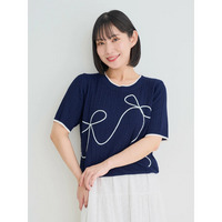 5分袖ダブルリボン刺繍トップス