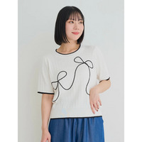 5分袖ダブルリボン刺繍トップス
