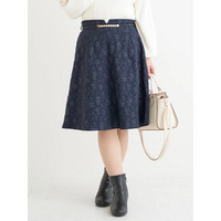 ベルト付き花柄ジャガードフレアスカート