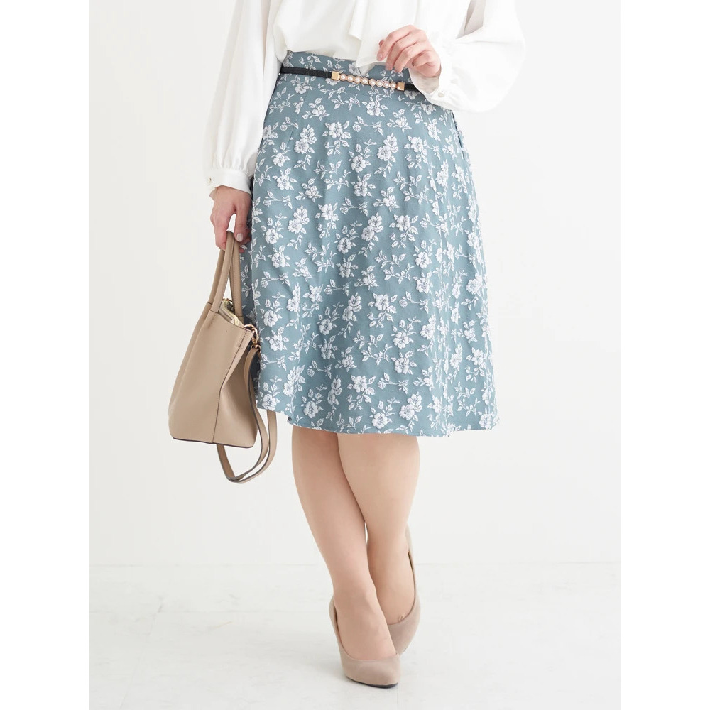 ベルト付き花柄ジャガードフレアスカート2