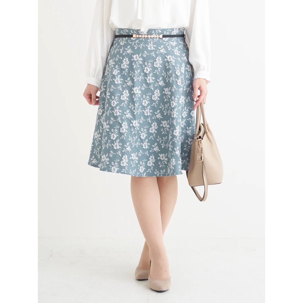 ベルト付き花柄ジャガードフレアスカート1