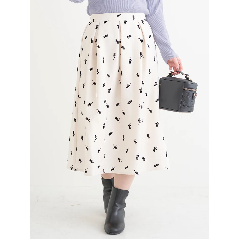 フロッキープリントミディスカート(花柄・ドット柄)1
