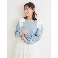 肩チュールシアーパール付きリボントップス