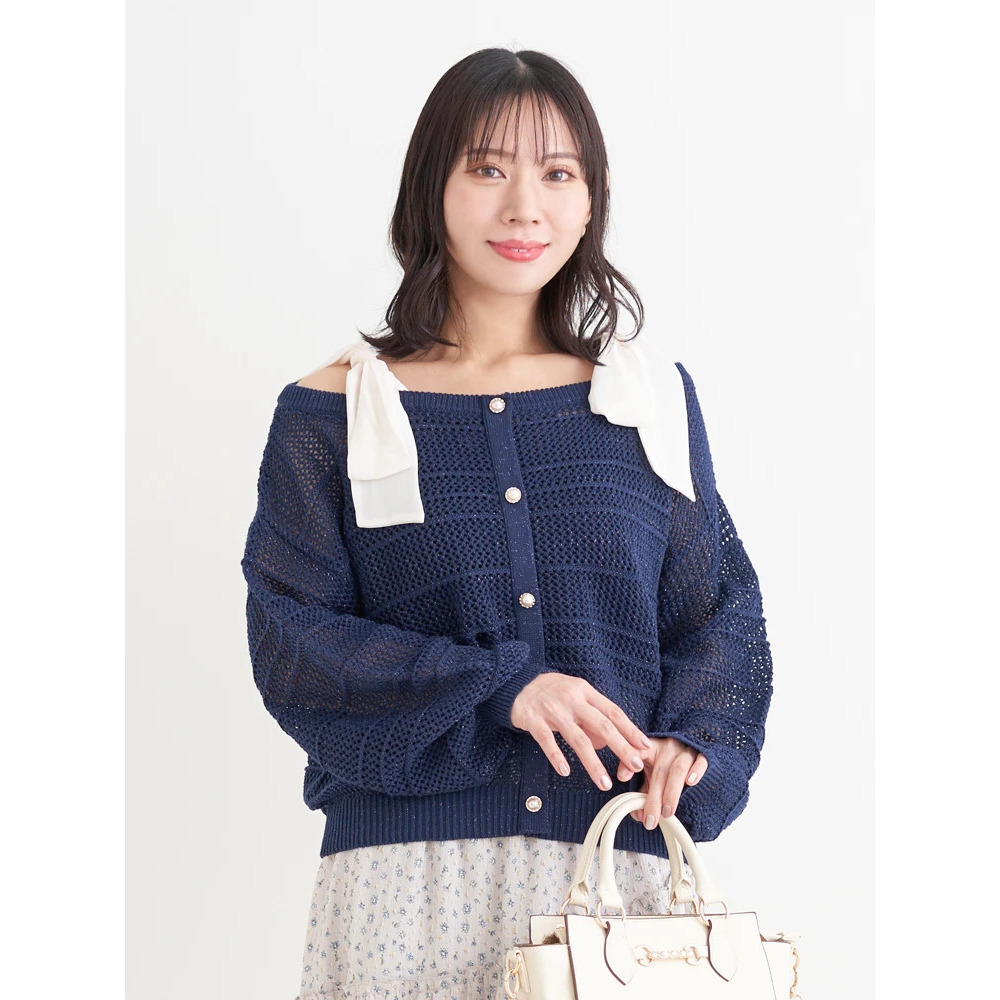 【WEB限定】ショルダーリボンラメ入りオフショルニットトップス