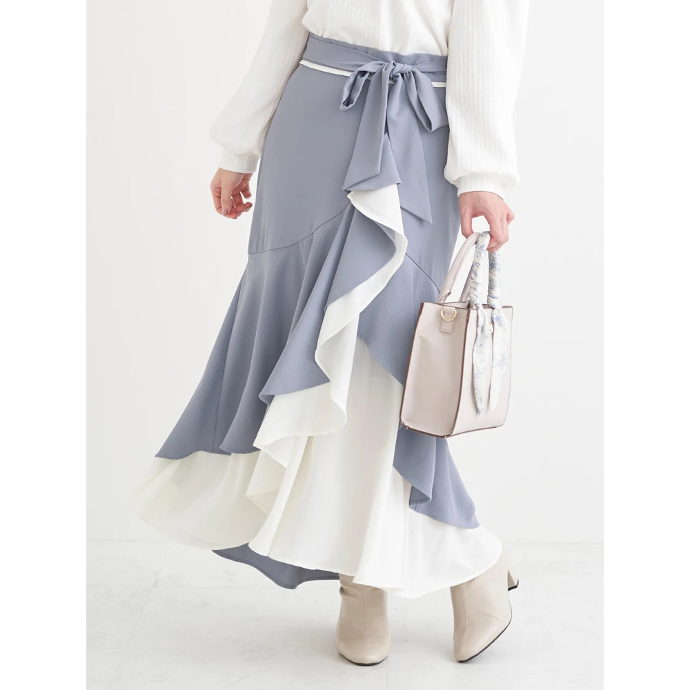 リボンベルト付き配色ラッフルマーメイドスカート