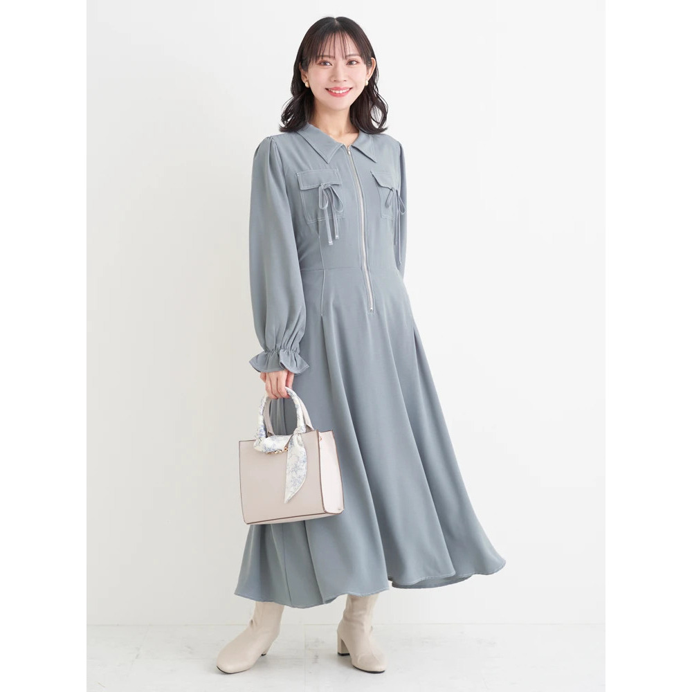 ポケットリボンハーフZIPワンピース（無地・花柄）