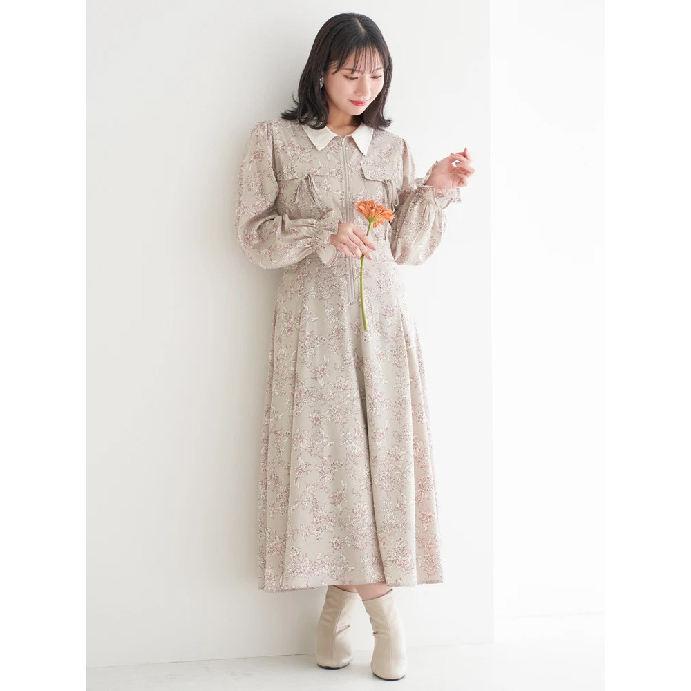 ポケットリボンハーフZIPワンピース(無地・花柄)10