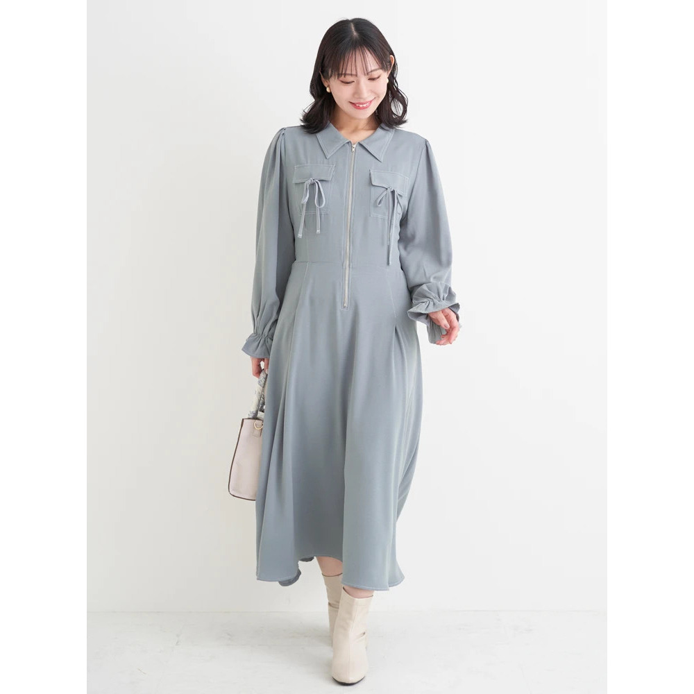 ポケットリボンハーフZIPワンピース(無地・花柄)2