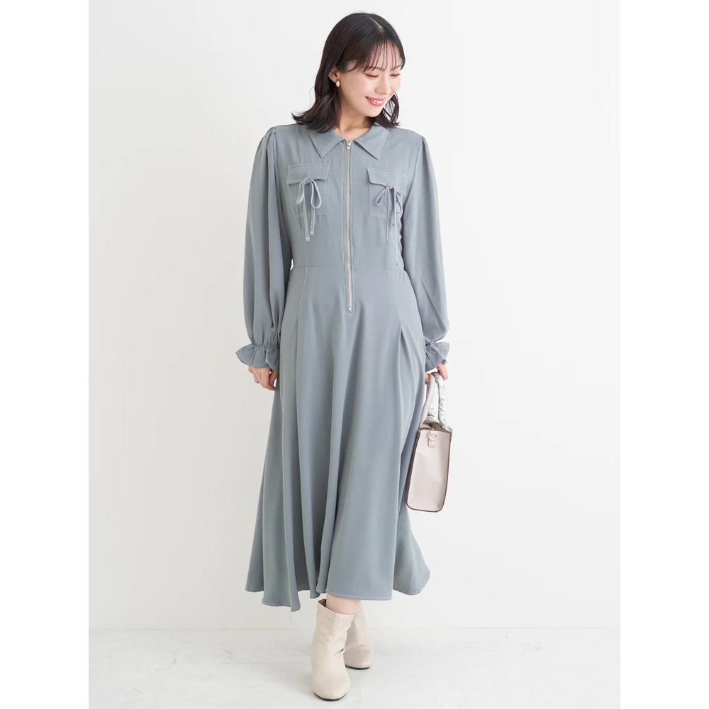 ポケットリボンハーフZIPワンピース(無地・花柄)3