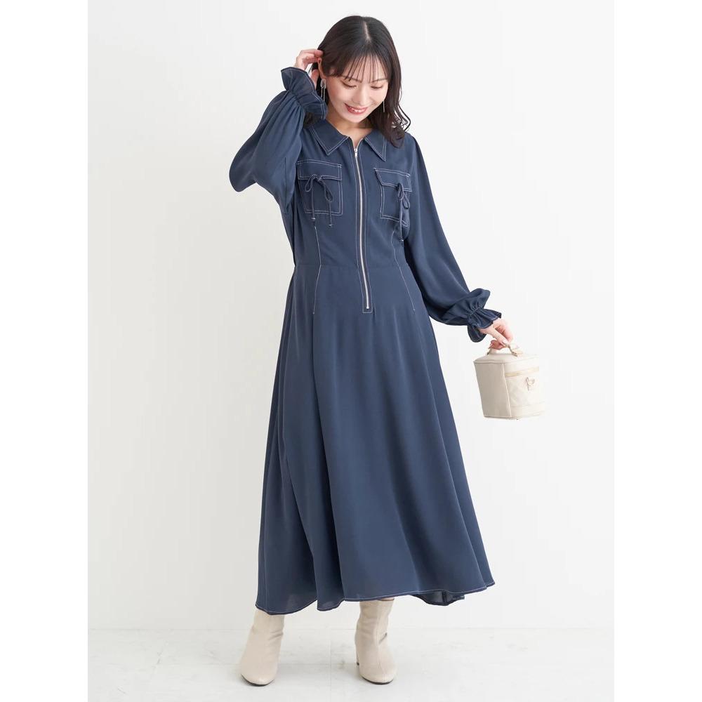 ポケットリボンハーフZIPワンピース(無地・花柄)6