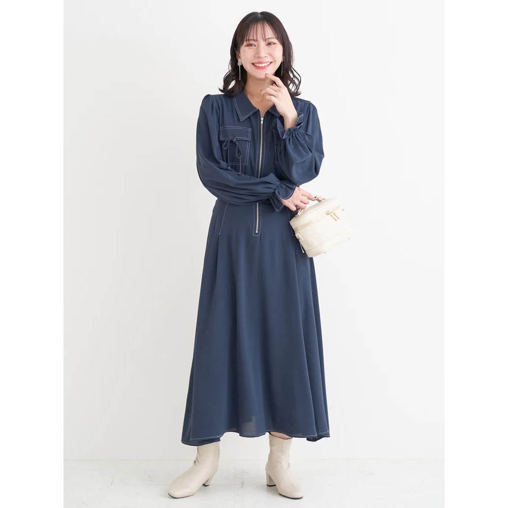 ポケットリボンハーフZIPワンピース(無地・花柄)7