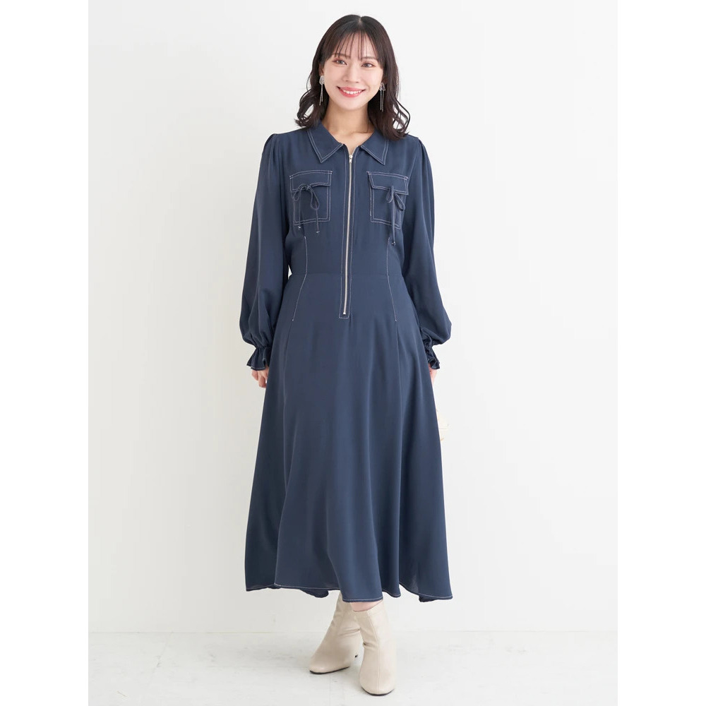 ポケットリボンハーフZIPワンピース(無地・花柄)8