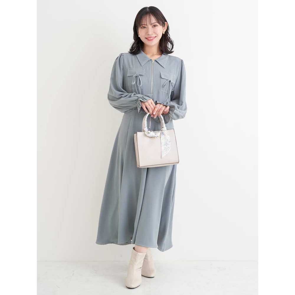 ポケットリボンハーフZIPワンピース(無地・花柄)1