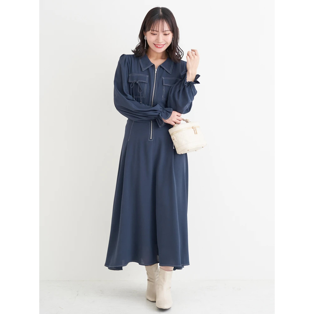 ポケットリボンハーフZIPワンピース(無地・花柄)1