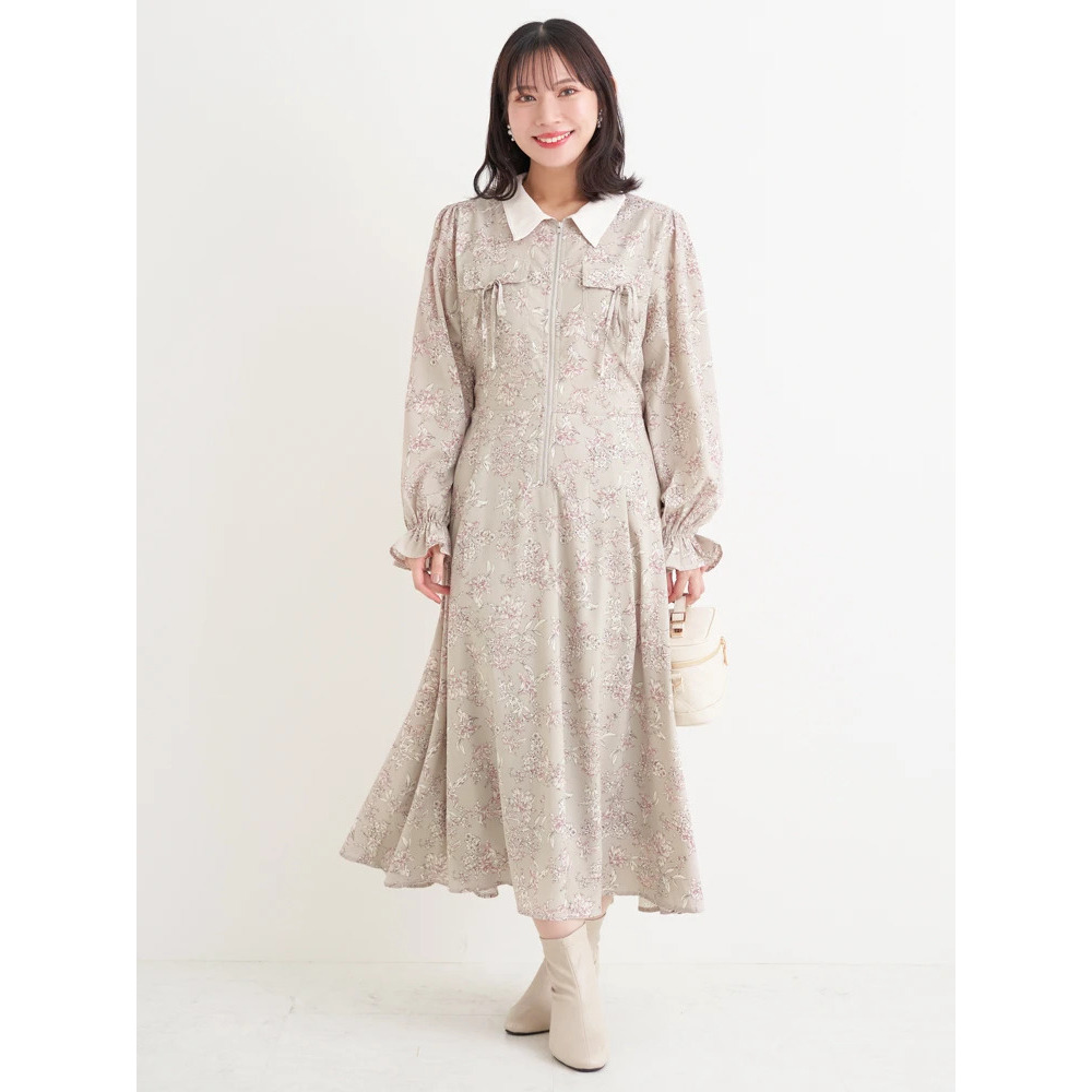 ポケットリボンハーフZIPワンピース(無地・花柄)1