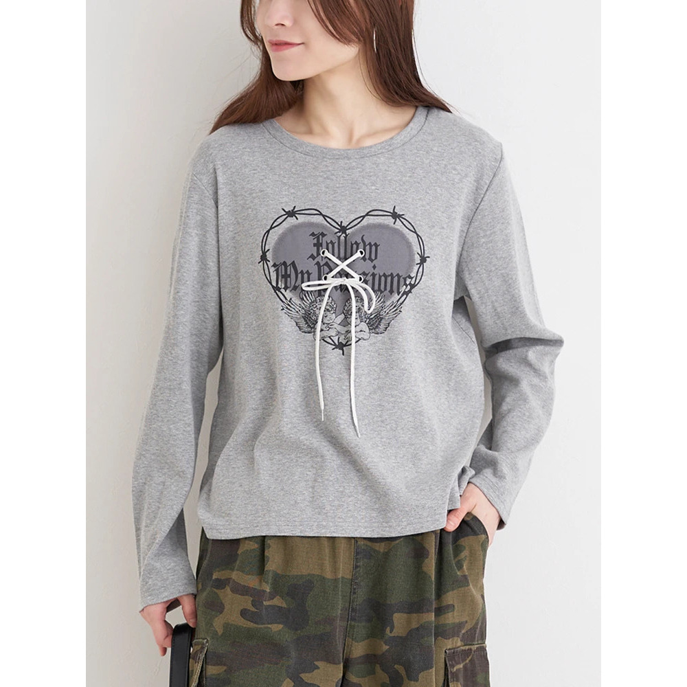 ハートロゴ×レースアップ リブロングTシャツ