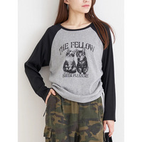 ネコプリント ラグランリブロングTシャツ