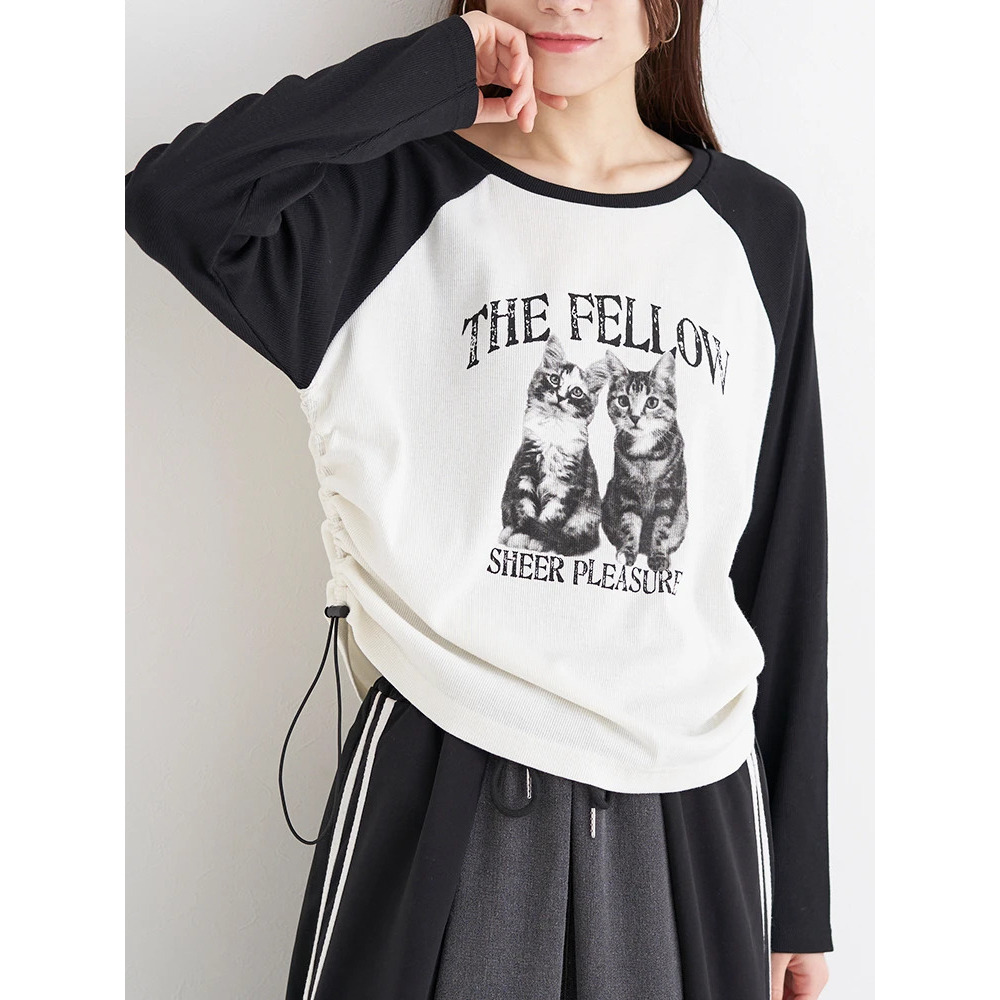 ネコプリント ラグランリブロングTシャツ1