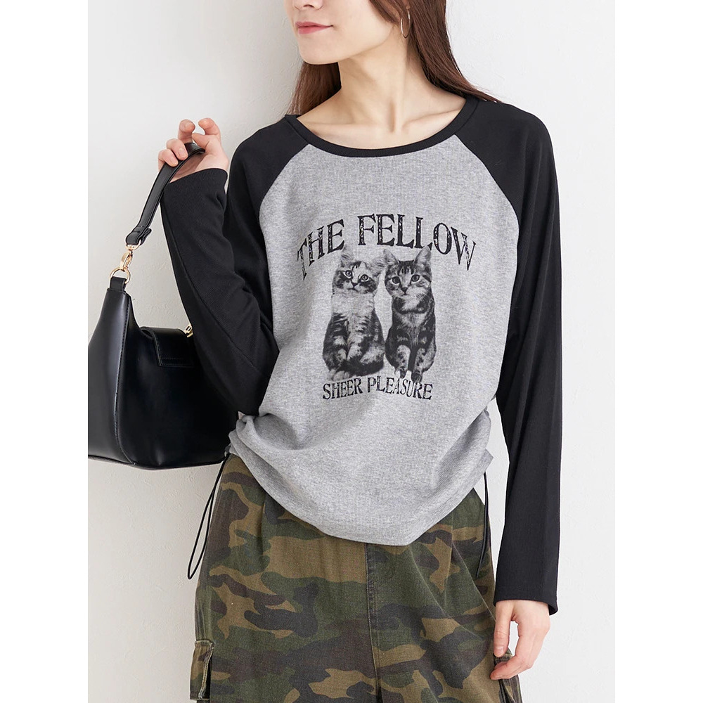 ネコプリント ラグランリブロングTシャツ14