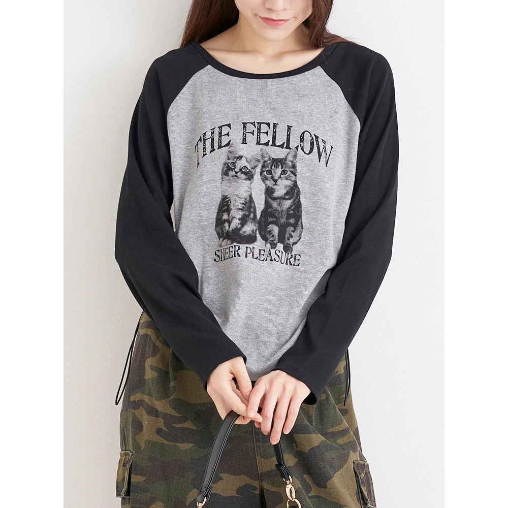 ネコプリント ラグランリブロングTシャツ15