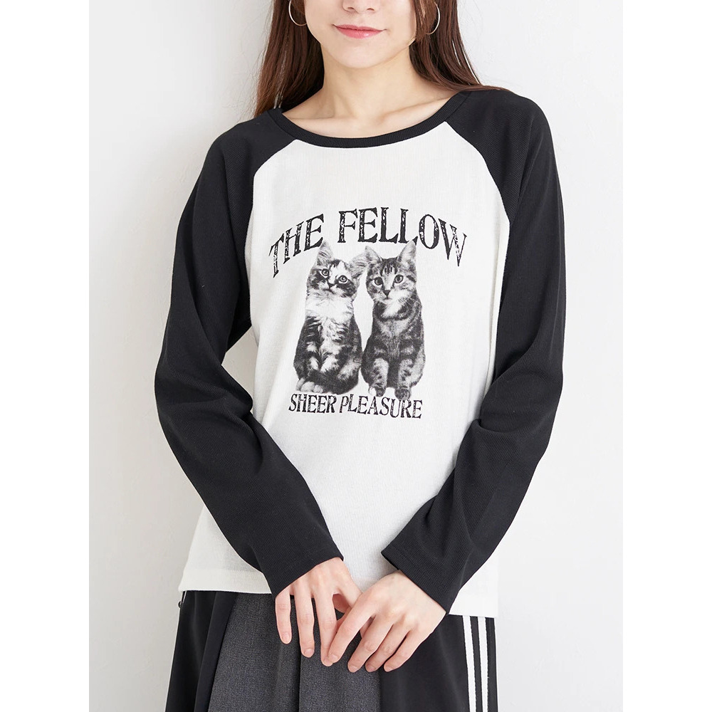 ネコプリント ラグランリブロングTシャツ2