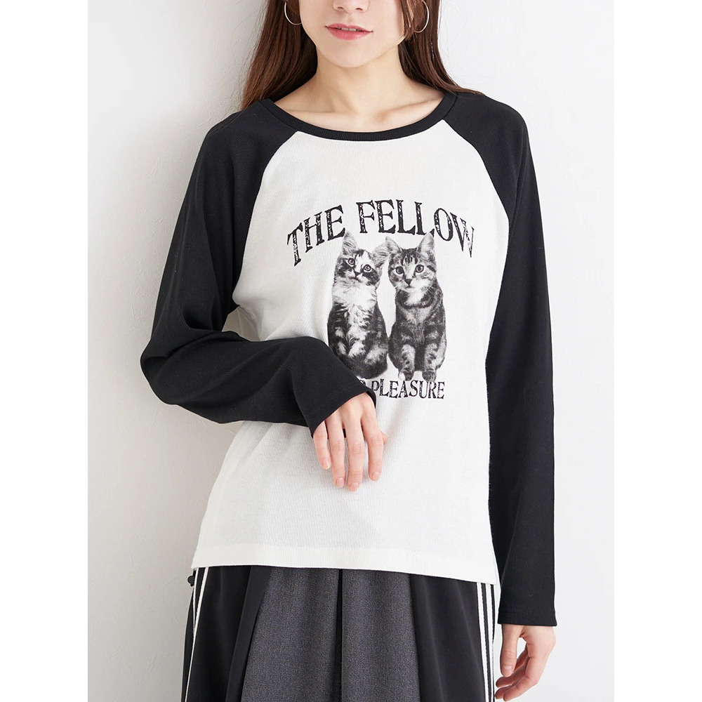 ネコプリント ラグランリブロングTシャツ1